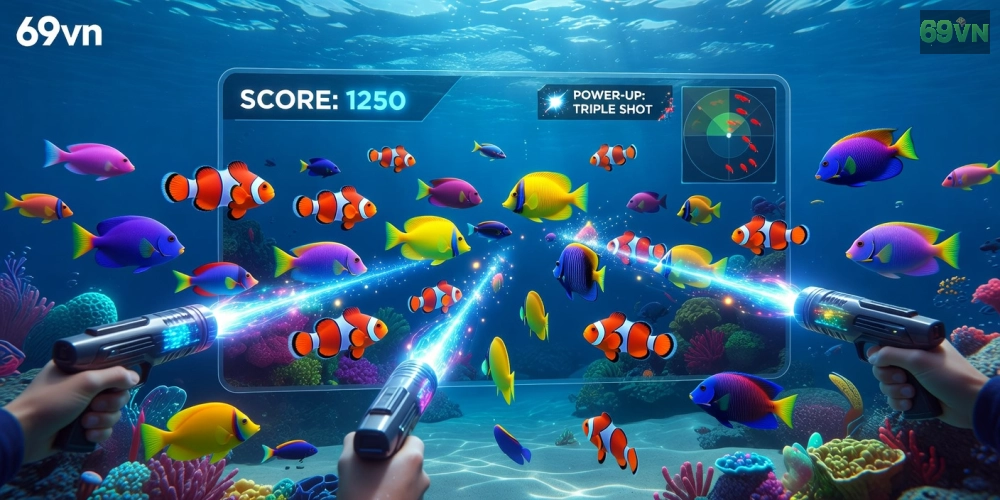 Minh họa khái niệm bắn cá online 69vn với giao diện game sống động