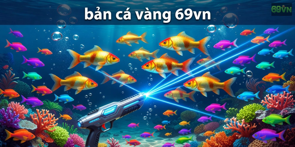Hình minh họa trò chơi bắn cá vàng 69vn với giao diện sống động và cá vàng lấp lánh