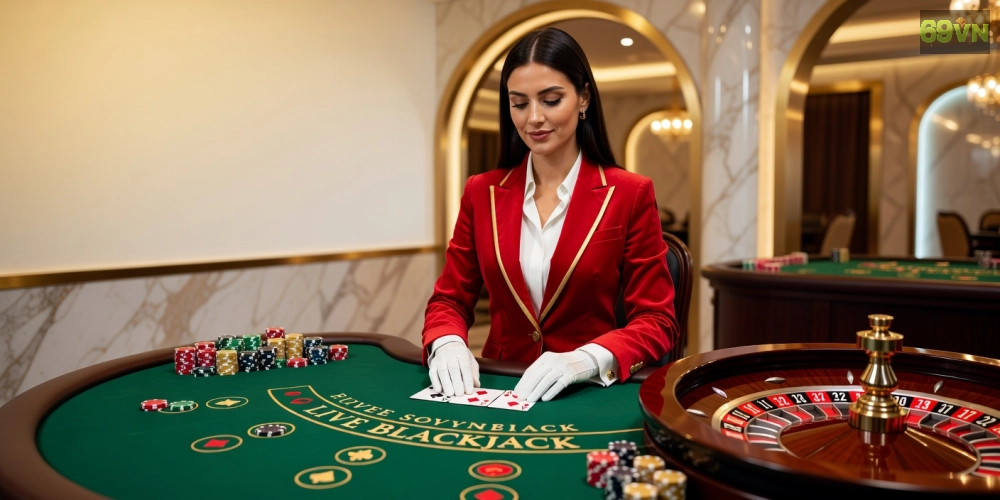 Hình minh họa khái niệm casino live house 69vn với dealer và bàn chơi trực tiếp