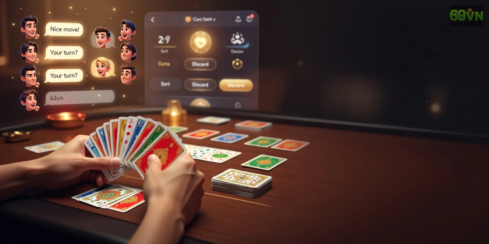 Giao diện chơi Phỏm trên game bài online 69vn với đồ họa sống động và người chơi tương tác