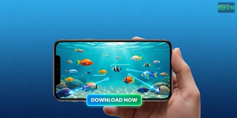 Minh họa giao diện tải game bắn cá 69vn với đồ họa sống động và nút tải nhanh