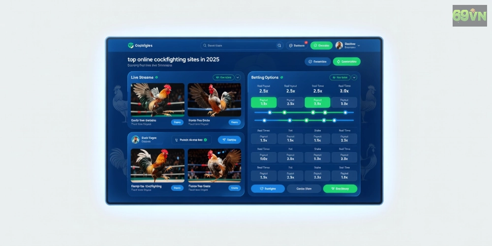 Giao diện trang web đá gà uy tín với các trận đấu đang phát sóng và tùy chọn cá cược